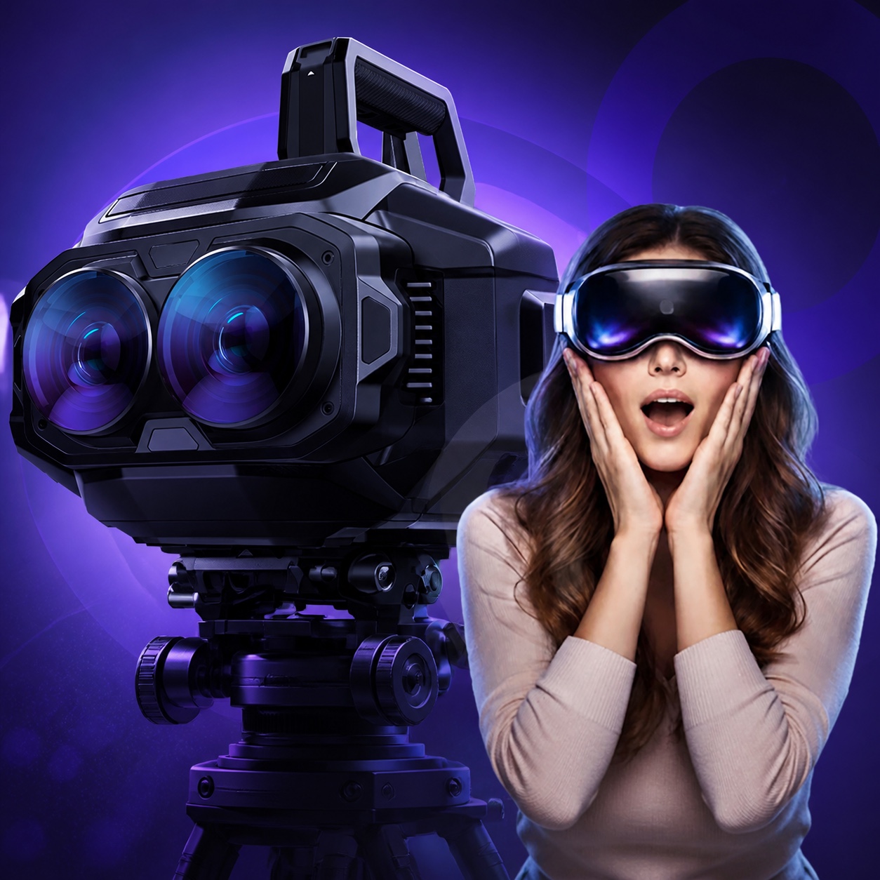 Kamera VR180 i widz korzystający z headsetu immersyjnego